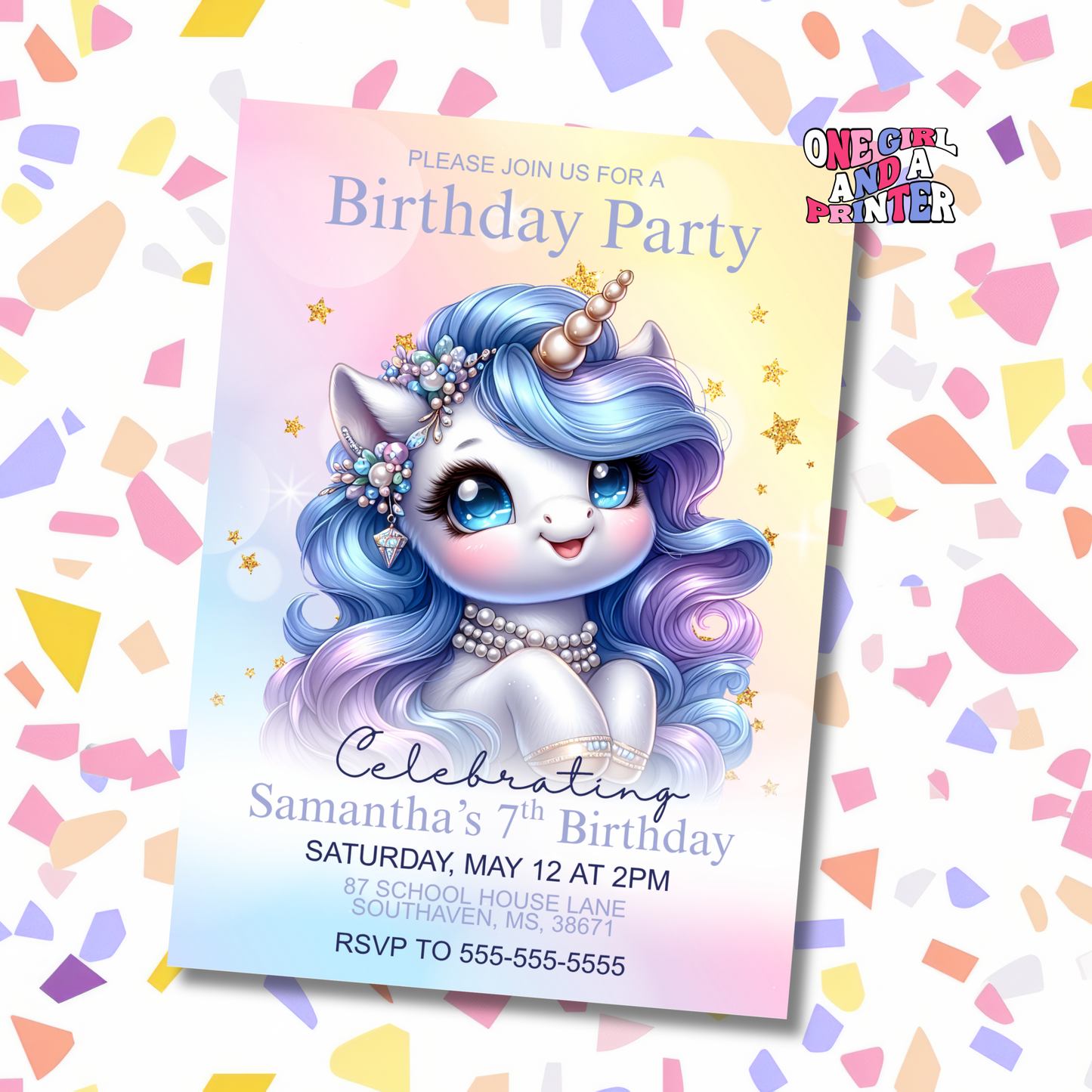 Digital Pearl Glow Unicorn Party Invitation