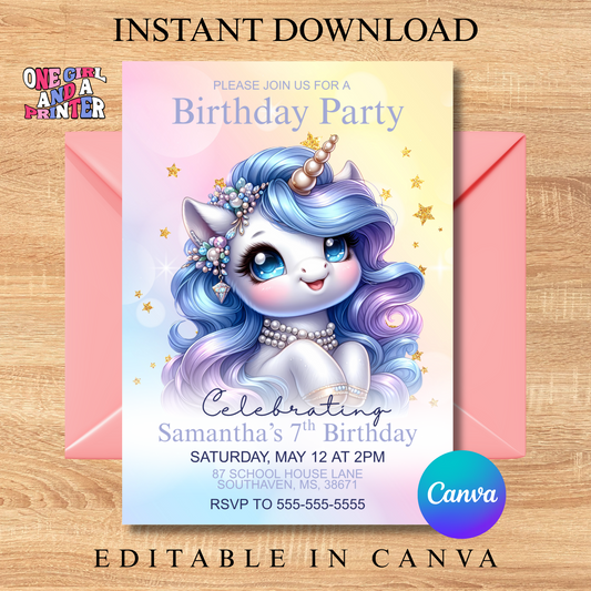 Digital Pearl Glow Unicorn Party Invitation